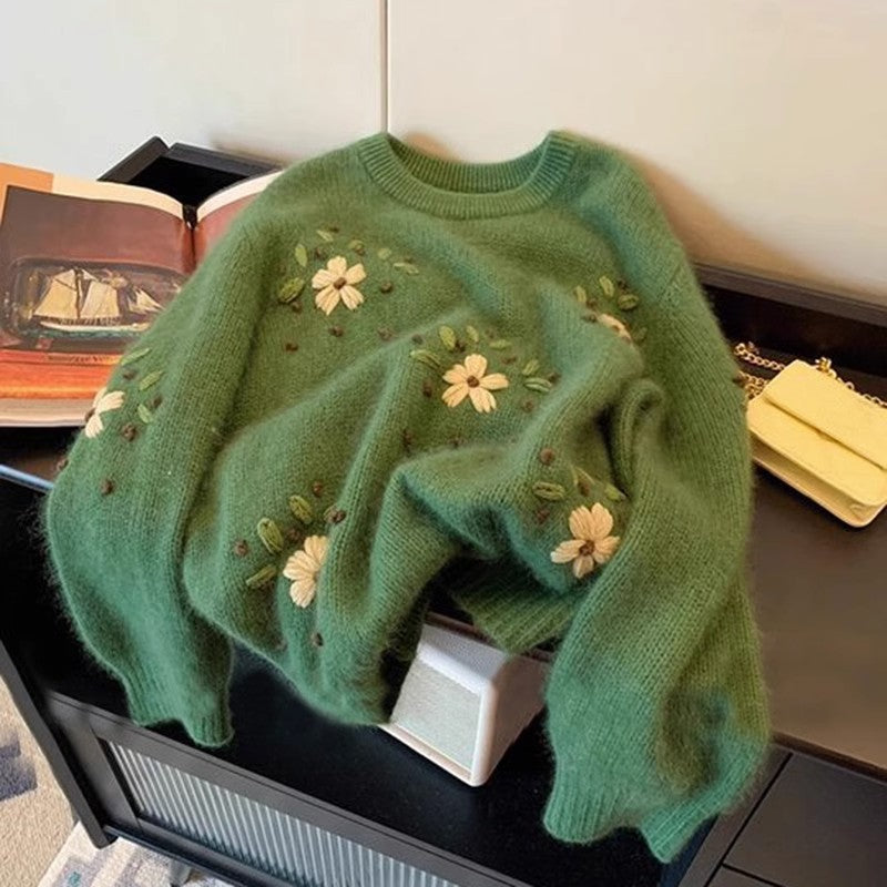 Women's Green Embroidered Sweater