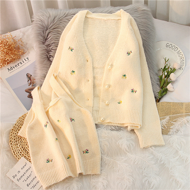 Women's Embroidered Knitted Cardigan With Sling