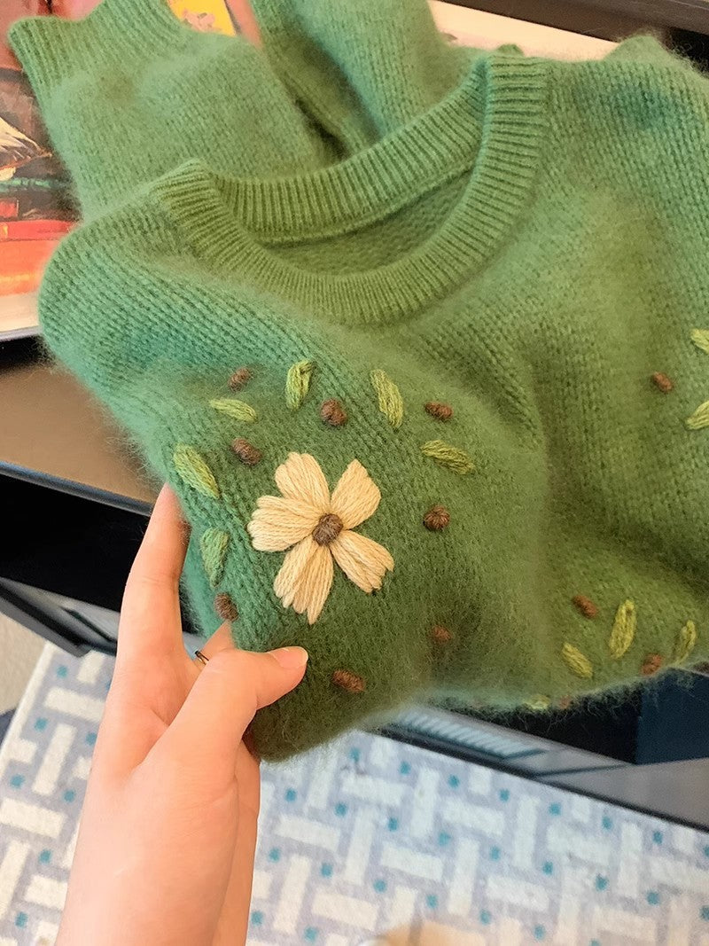 Women's Green Embroidered Sweater