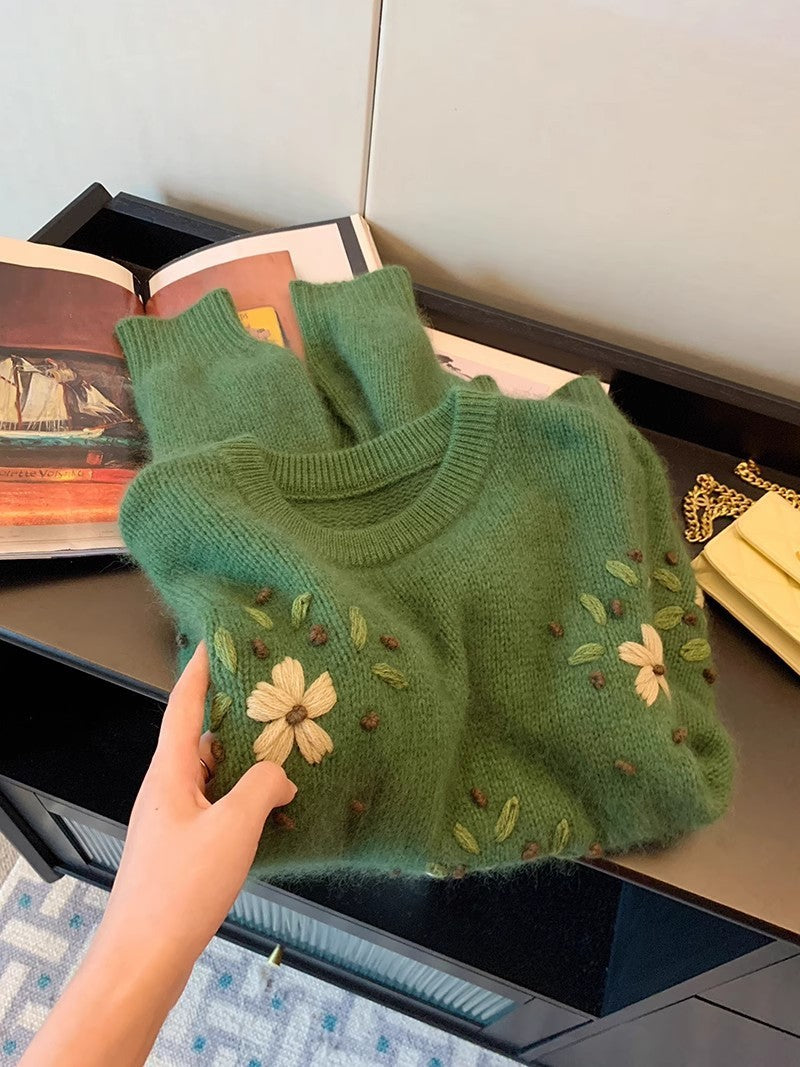 Women's Green Embroidered Sweater